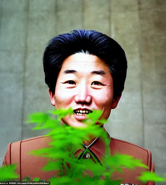 Image similar to colour araki nobuyoshi style close - up photography of detailed north korean kim chen with detailed smiling face, smelling detailed weed bush