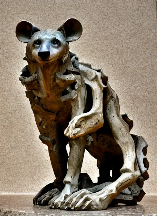 Image similar to a polished texturized granite statue of a cyber - mech hyena standing over a pile of bones, sculpted by bernini, ultrarealistic