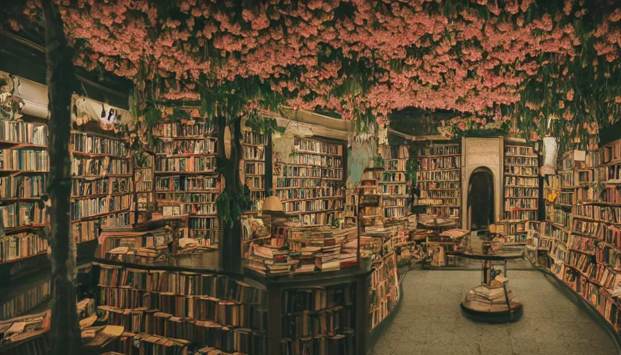 Prompt: a Wes Anderson 35mm film still of a very surreal magic bookshop with a beautiful waterfall inside, apothecary, botanical garden, falling cherry blossom pedals, in the style of Gucci, glowing lights and floating lanterns, foggy atmosphere, rainy, moody, muted colors, magic details, very detailed, 8k, cinematic look, octane render, psychedelic,