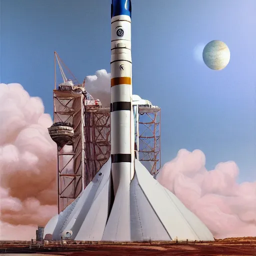 Prompt: illustration of Saturn V going to Mars, realistic painting, high definition, digital art, matte painting, very detailed, realistic