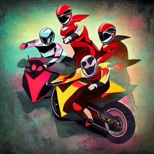 Image similar to the power rangers as motorcycle racers, digital art, colorful, messy art