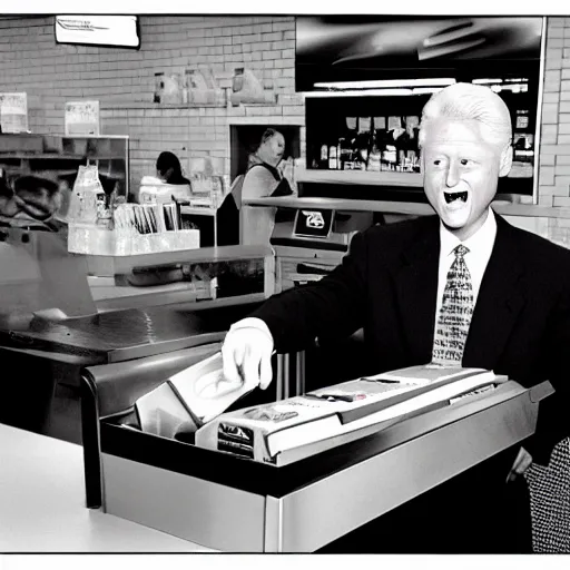 Prompt: b & w shot of taco bell with bill clinton as cashier ( 1 9 9 4 ) ( eos 5 ds r, iso 1 0 0, f / 8, 1 / 1 2 5, 8 4 mm, postprocessed, crisp face, facial features )