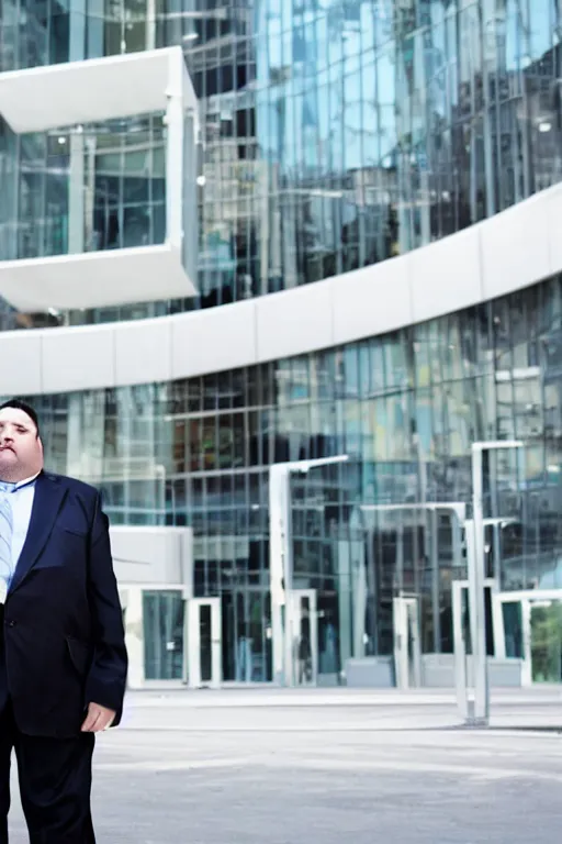 Image similar to fat businessman in front of his business center