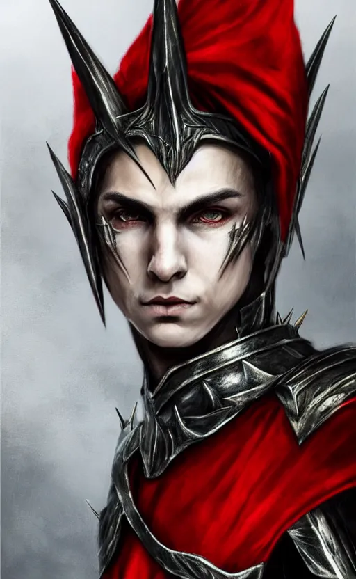 Prompt: A portrait of a male elf, 20 years old, short silver hair, red eyes, wearing a spiked black metal crown, wearing black heavy armor with gold trim, wearing a red cape, lean but muscular, attractive, command presence, royalty, weathered face, smooth, sharp focus, illustration, concept art, highly detailed portrait, muscle definition, fantasy painting, ArtStation, ArtStation HQ