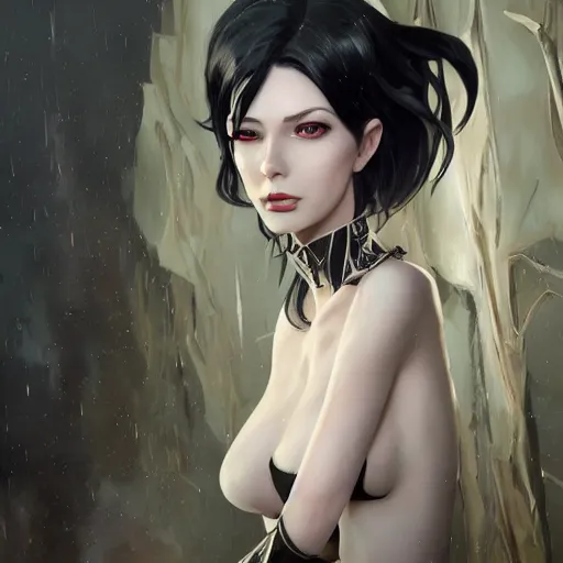 Image similar to tall woman with black hair and pale skin, from league of legends, as human, au naturel, hyper detailed, digital art, trending in artstation, cinematic lighting, studio quality, smooth render, unreal engine 5 rendered, octane rendered, art style by klimt and nixeu and ian sprigger and wlop and krenz cushart!