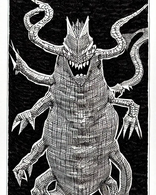 Image similar to the pokemon missingno as a d & d monster, pen - and - ink illustration, etching, by russ nicholson, david a trampier, larry elmore, 1 9 8 1, hq scan, intricate details, high contrast