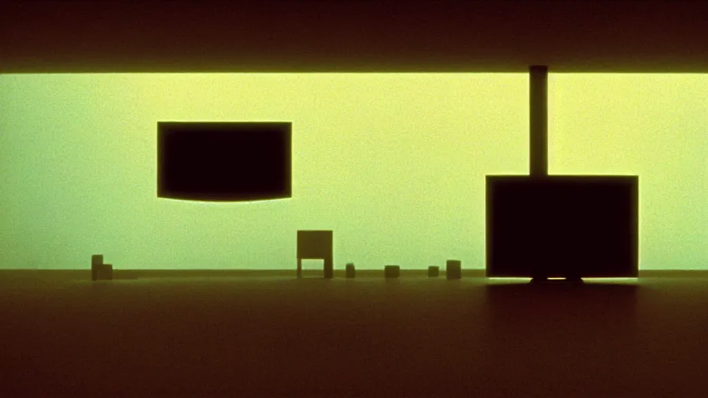 Prompt: a television with static playing on it, film still from the movie directed by Denis Villeneuve with art direction by Zdzisław Beksiński, wide lens