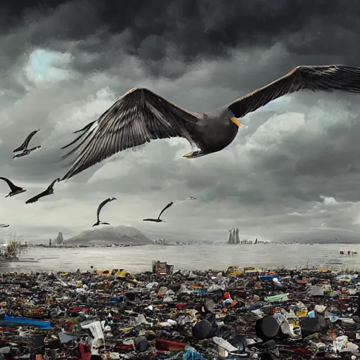 Prompt: on water, enormous huge mountains of tyres and garbage floating, seagulls flying in the forecasted sky, dramatic light, post apocalyptic, rainy weather, wet,highly detailed, wide shot, 8K mate painting, concept