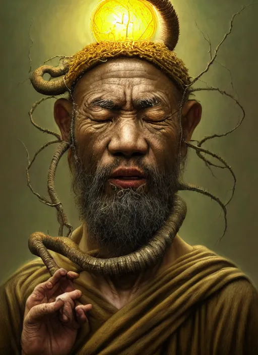 Prompt: monk with roots all over his face and a bonsai hat, intricate, rim light, extremly detailed digital painting, by tomasz alen kopera, james jean and fenghua zhong, highly detailed, art, cinematic lighting, very coherent, hyper realism, high detail, 8 k