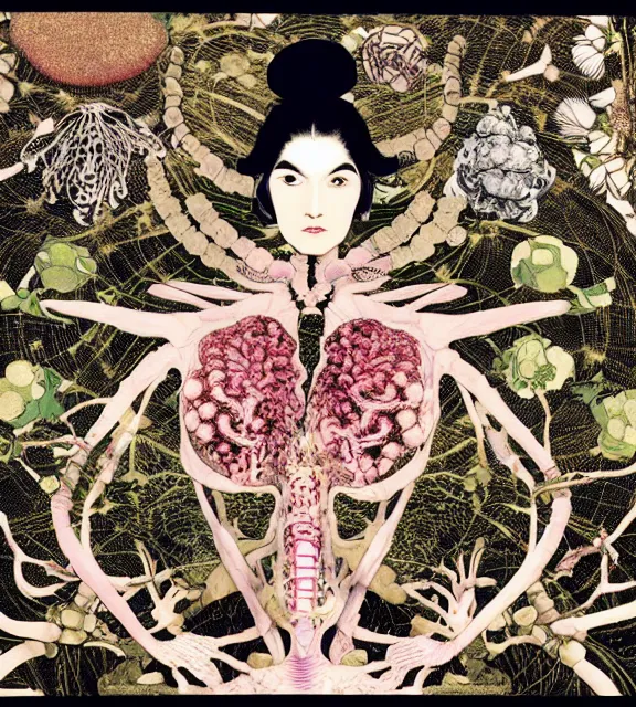 Prompt: still frame from Prometheus, bionic gaia sowing in blossoming mycelium gardens by Neri Oxman and alexander mcqueen, metal couture haute couture editorial by utagawa kuniyoshi by giger