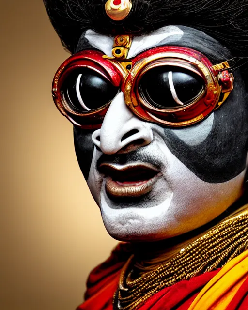 Prompt: photo of a Dramatic angry Kathakali male character with painted face wearing futuristic MadMax style steampunk goggles and accessories in the style of stefan kostic, realistic, sharp focus, symmetric, 8k high definition, insanely detailed, intricate, elegant, art by stanley lau and artgerm, Hajime Sorayama, William-Adolphe Bouguereau