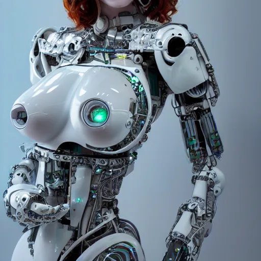 Prompt: beautiful centered Fine art photo portrait of delighted Christina Hendricks as a solarpunk robotic humanoid, white mechanical parts with led lights, photorealistic, white background, highly detailed and intricate, sun lighting, HDR 8k