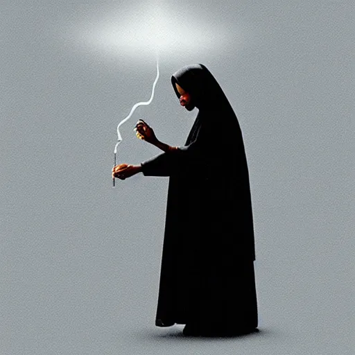 Image similar to a black nun wearing shiny jewelry, she's smoking a joint and puffing a lot of smoke, by Beksinski, lens flares, minimalistic background
