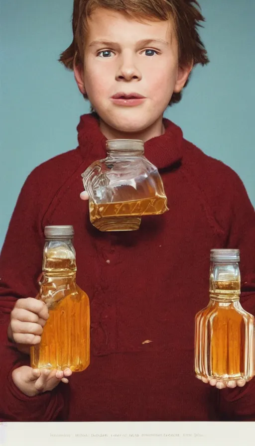 Prompt: a realistic portrait of a boy from canada drinking a whole bottle of maple syrup, annie leibovitz, highly detailed