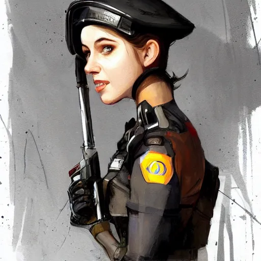 Prompt: gordon freeman as an attractive young smiling woman dressed as a metrocop, hd shot, digital portrait, beautiful, artstation, comic style, by artgerm, guy denning, jakub rozalski and charlie bowater