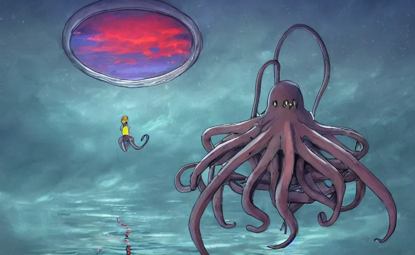 Image similar to a realistic cell - shaded studio ghibli concept art from paprika ( 2 0 0 6 ) of a flying multi - colored octopus from close encounters of the third kind ( 1 9 7 7 ) and dimensional portal to another world above a flooded stonehenge on a misty starry night. very dull colors, wide shot, hd, 4 k, hq