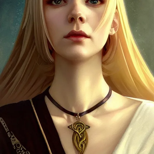 Image similar to Portrait of seductive female priest, D&D, revealing stylish dress, choker on neck, long blonde hair, mouth slightly open, slight nerdy smile, fantasy, intricate, elegant, highly detailed, digital painting, artstation, concept art, smooth, sharp focus, illustration, art by artgerm and greg rutkowski and alphonse mucha