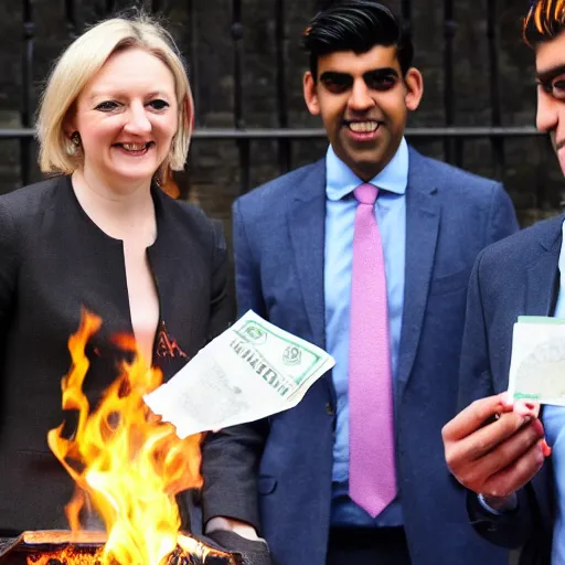 Image similar to Liz truss and Rishi sunak at parliament burning a pile of money. Daily Telegraph.