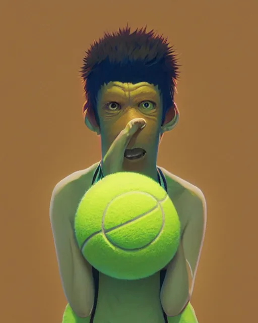 Image similar to highly detailed vfx portrait of a character of a tennis ball monster stephen bliss, unrealengine, greg rutkowski, loish, rhads, beeple, makoto shinkai and lois van baarle, ilya kuvshinov, rossdraws, tom bagshaw,