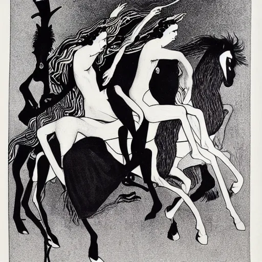 Prompt: four horsemen of the apocalypse, aubrey beardsley