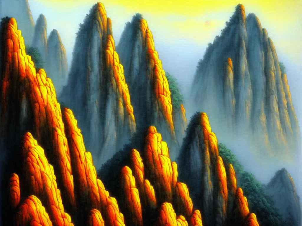 Prompt: landscape painting of huangshan yellow mountains on a foggy day by shenzhou 沈 周