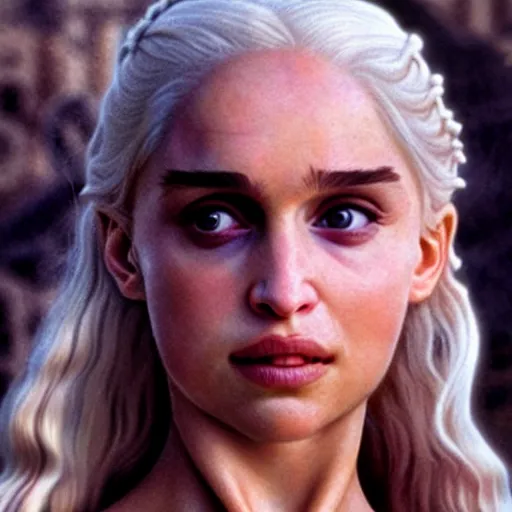 Prompt: a selfie of daenerys targaryen played by a young natalie portman with smooth skin and light violet eyes, ethereal, mystic, medium shot, detailed eyes, vivid, golden hour