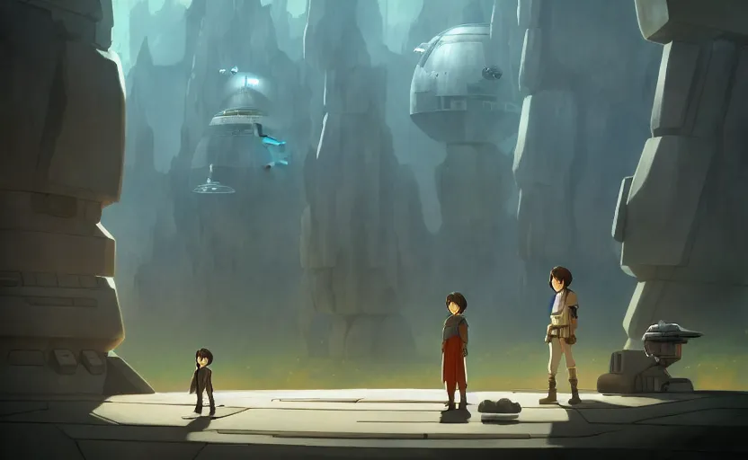 Image similar to star wars as a studio ghibli animated film, d & d, fantasy concept art, global illumination, interesting composition, volumetric lighting, art by enki bilial, highly detailed