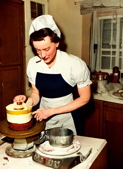 Image similar to a 35mm photograph of Hitler as a 1950's housewife, baking a cake, in a messy kitchen Canon 50mm, film, Kodachrome