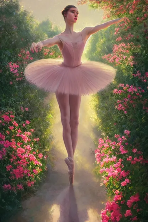 Image similar to stunningly beautiful, prima ballerina in rose garden, symmetrical face, golden hour, smooth, focus, highly detailed, hyper realistic, dramatic lighting, elegant, intricate, concept art, art by wlop, mars ravelo, greg rutowski, artstation