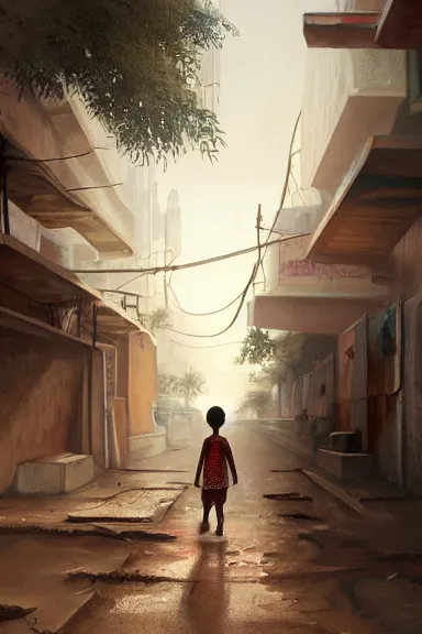 Image similar to alley in a big african city, a lonely kid, summer, david febland, artstation, matte painting