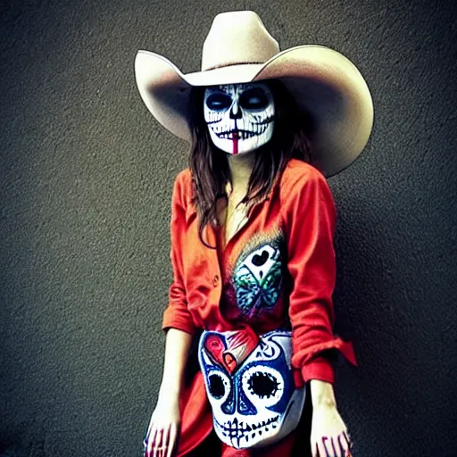 Prompt: female, mila kunis, skull paint, dia de Los muertos, trenchcoat, day of the dead, full body, smiling, cowboy hat