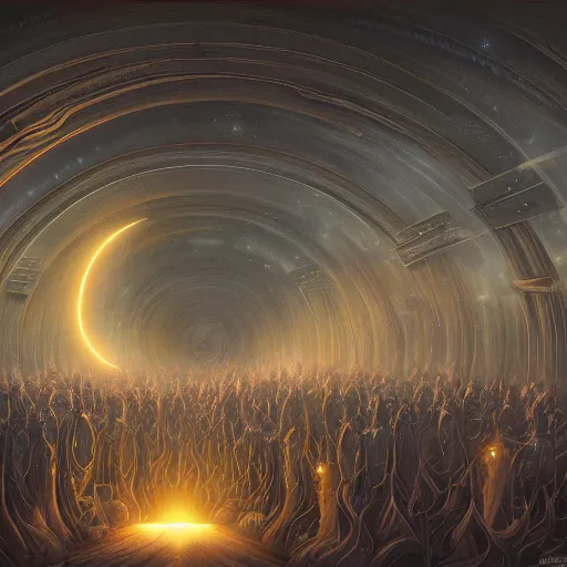 Image similar to a quantum computer surrounded by a dark cabal of hooded elven mystics gathered in a circular formation, michael whelan art, dan seagrave art, cgsociety, artstation, epic scifi fantasy art