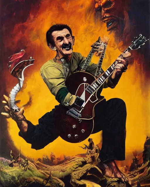 Prompt: barry chuckle ripping a solo on a Gibson Les Paul, heavy metal artwork by Frank Frazetta