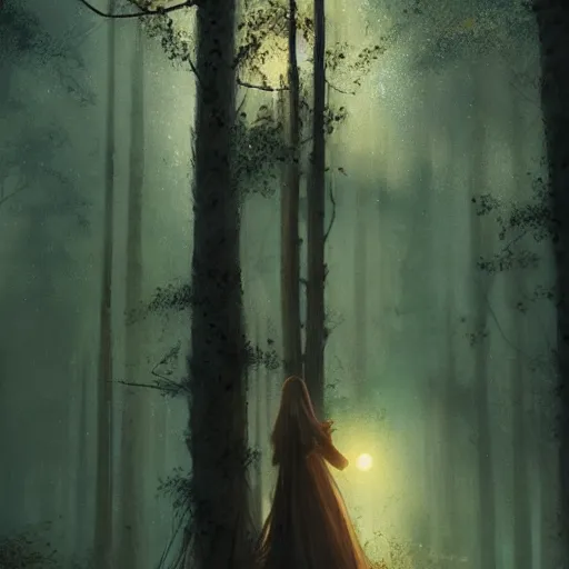 Prompt: a realistic woman with a long dress standing in a moonlit forest, beautiful woman, digital art, by Greg Rutkowski, volumetrics, dark fantasy, 4k, trending on artstation