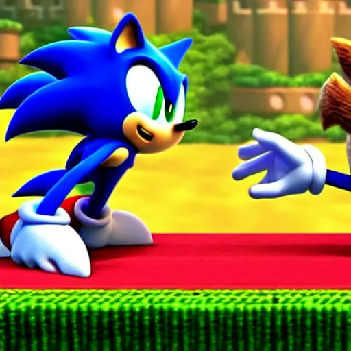 Image similar to film still of sonic the hedgehog and super mario fighting to tye death