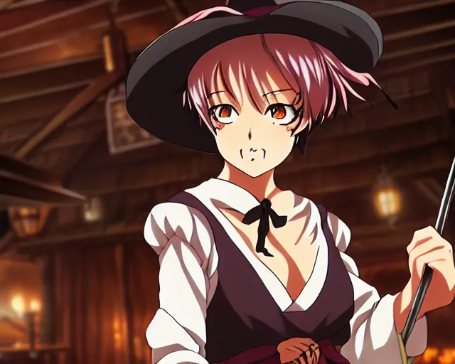 Image similar to key anime visual portrait of a young female witch in a tavern interior defending a companion, dynamic pose, dynamic perspective, cinematic, dramatic lighting.