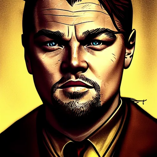 Image similar to leonardo dicaprio portrait, borderlands, tales from the borderlands, the wolf among us, comic, cinematic lighting, studio quality, 8 k