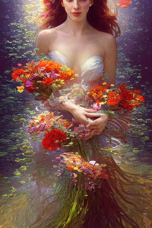 Image similar to portrait of a beautiful mysterious woman holding a bouquet of flowing flowers, hands hidden under the bouquet, submerged underwater filled with colorful small fish and coral reef, fantasy, regal, intricate, by stanley artgerm lau, greg rutkowski, thomas kindkade, alphonse mucha, loish, norman rockwell