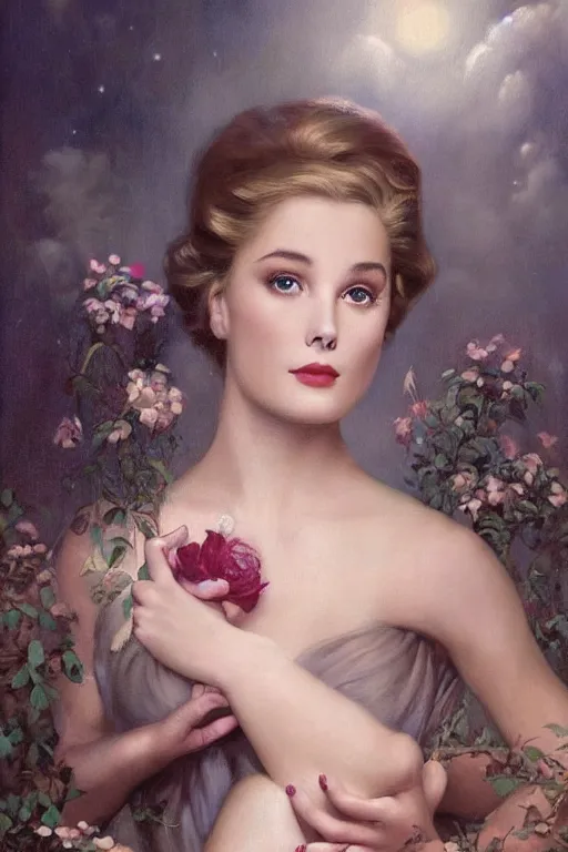 Image similar to a young and extremely beautiful grace kelly infected by night by tom bagshaw in the style of a modern gaston bussiere, art nouveau, art deco, surrealism. extremely lush detail. melancholic night scene. perfect composition and lighting. profoundly surreal. high - contrast lush surrealistic photorealism. sultry and mischievous expression on her face.