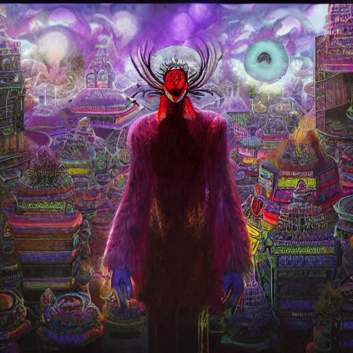 Image similar to 8K centered headshot Portrait of a psychedelic godlike mothman with giant mandala wings smoking a hand-rolled cigarette smoking heavily , magic mushroom village in background , post-processing , award winning. superb resolution. in the art style of Satoshi Kon and Greg Rutkowski . Detailed Mushroom city in background. Hyper realistic anime. Perfect art. Dalle2