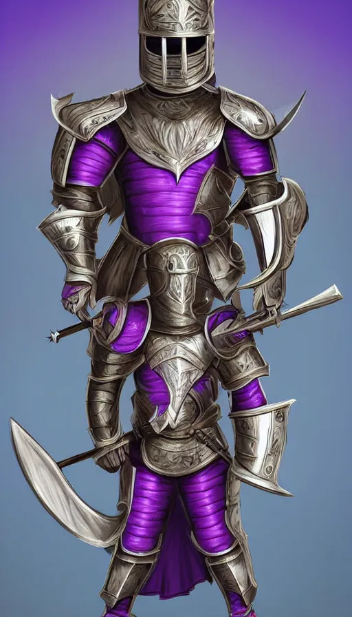 Prompt: digital art of strong knight wearing plate armor, holding weapon and shield, standing upright, full body, purple trim, dragon carvings, ornate helmet, spear