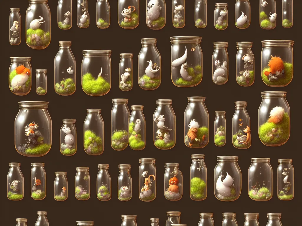 Collection Of Tiny Creatures In Jars In A Lab By Stable Diffusion