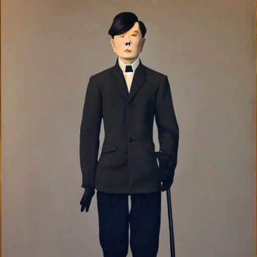 Image similar to full body painting of grumpy handsome thin beautiful man in his 2 0 s named min - jun in a french female maid outfit, modern clothing, elegant, clear, painting, stylized, delicate facial features, stylized thin lines, soft but grumpy, highly detailed, art, art by egon alphonse magritte