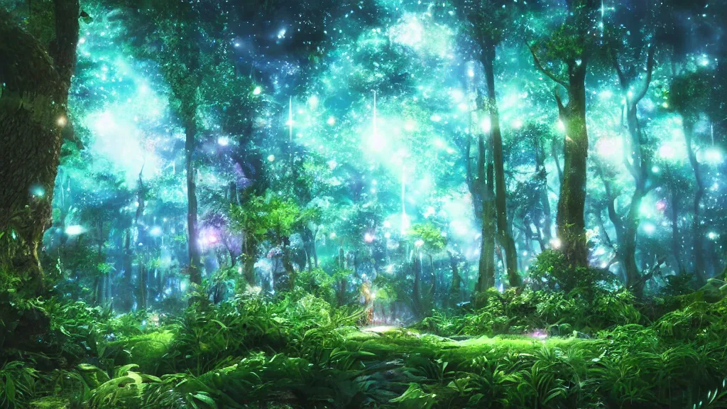 Image similar to beautiful lush magic glimmering mana forest, night sky with dazzling stars, fairies, fireflies, bokeh, octane render, unreal engine, raytracing, crystallized, intricate, hyper detailed, light rays, high quality cinematic anime style art