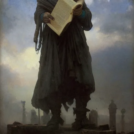 Image similar to half portait of magican wearing a closed cowl and big old book! chained to the wrist, jeremy mann, jean - leon gerome, tiepolo, alphonse mucha, greg rutkowski, face in the shadows, ( ( ruins of ancient rome ) ), at dusk, mysterious atmosphere, sunrays, dof, high detailed, 8 k