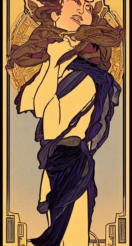 Image similar to a tarot card that depicts a person carrying a hobo sack walking off a cliff, illustrated in an art deco style by tamara de lempika and an elegant border by alphonse mucha. | studio lighting | digital painting, stunning lighting, trending on artstation