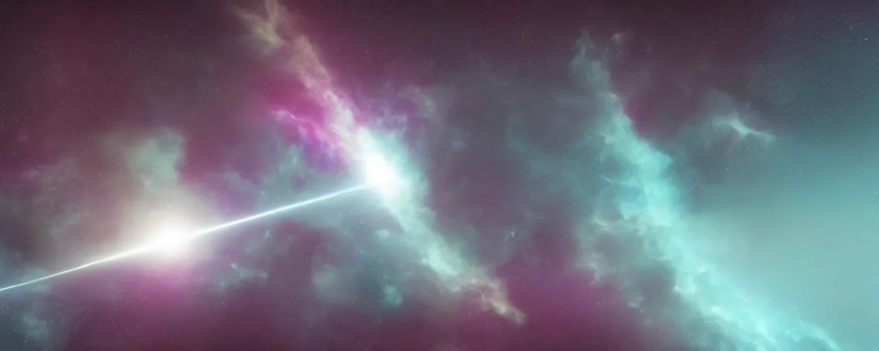 Image similar to minimalist smooth cinematic render of atmospheric space, nebula, homeworld skies, volumetric lighting