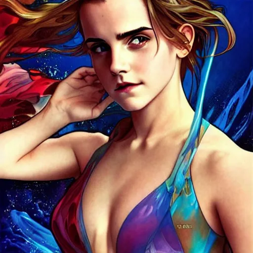 Image similar to emma watson under water, perfect coloring, low saturation, epic composition, masterpiece, bold complimentary colors. stunning masterfully illustrated by artgerm, range murata, alphonse mucha, katsuhiro otomo