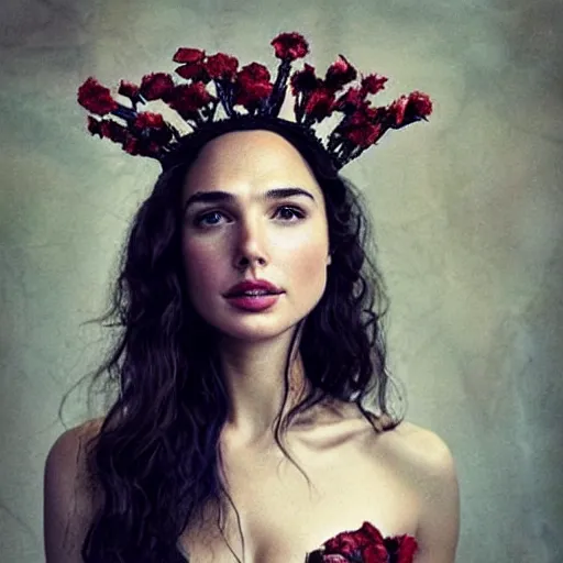 Image similar to full body fine art photo of the beauty gal gadot, she has a crown and a dress made of dried roses done by oleg oprisco