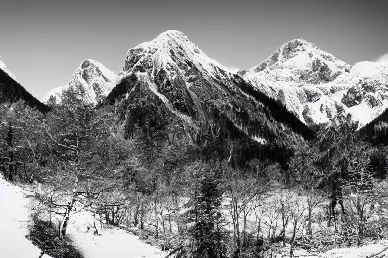 Image similar to tyrannosaurus rex large theropod dinosaur standing inside a valley, snowy peaks, in the style of ansel adams, black and white, old, master photography